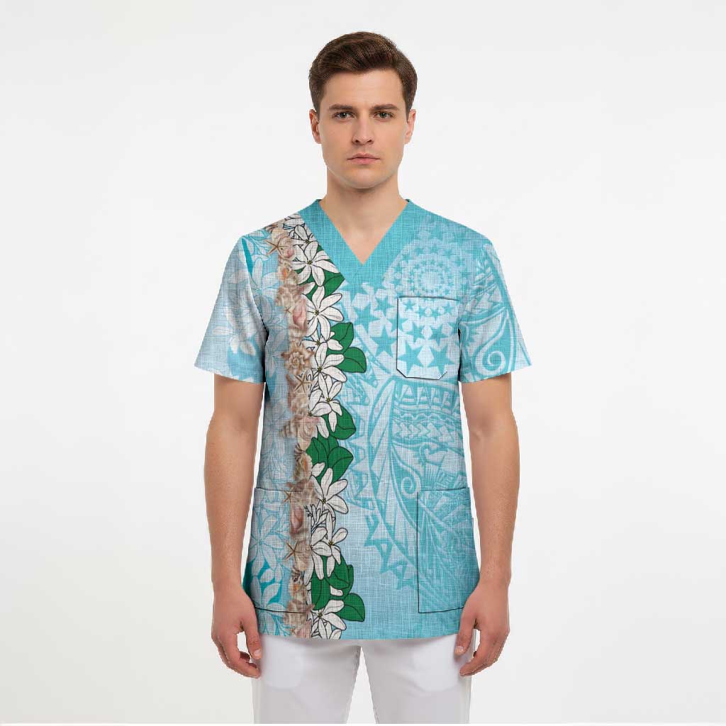 Cook Islands Tiare Maori With Conch Shell Scrub Top Pasifika Fest Polynesian Tattoo Turquoise