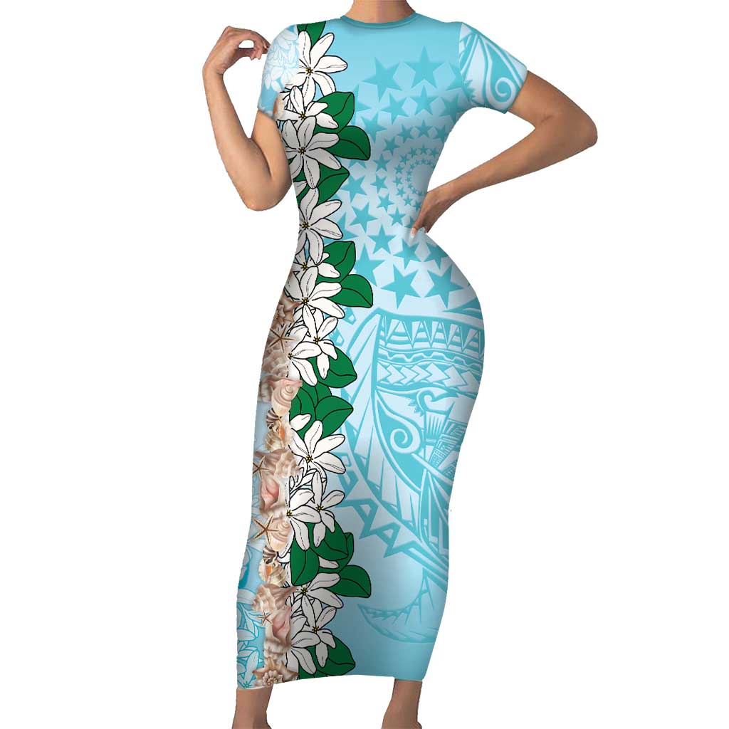 Cook Islands Tiare Maori With Conch Shell Short Sleeve Bodycon Dress Pasifika Fest Polynesian Tattoo Turquoise LT14 Long Dress Turquoise - Polynesian Pride