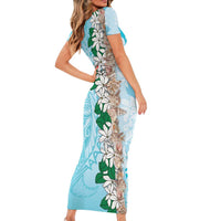 Cook Islands Tiare Maori With Conch Shell Short Sleeve Bodycon Dress Pasifika Fest Polynesian Tattoo Turquoise LT14 - Polynesian Pride