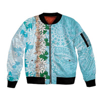 Cook Islands Tiare Maori With Conch Shell Sleeve Zip Bomber Jacket Pasifika Fest Polynesian Tattoo Turquoise