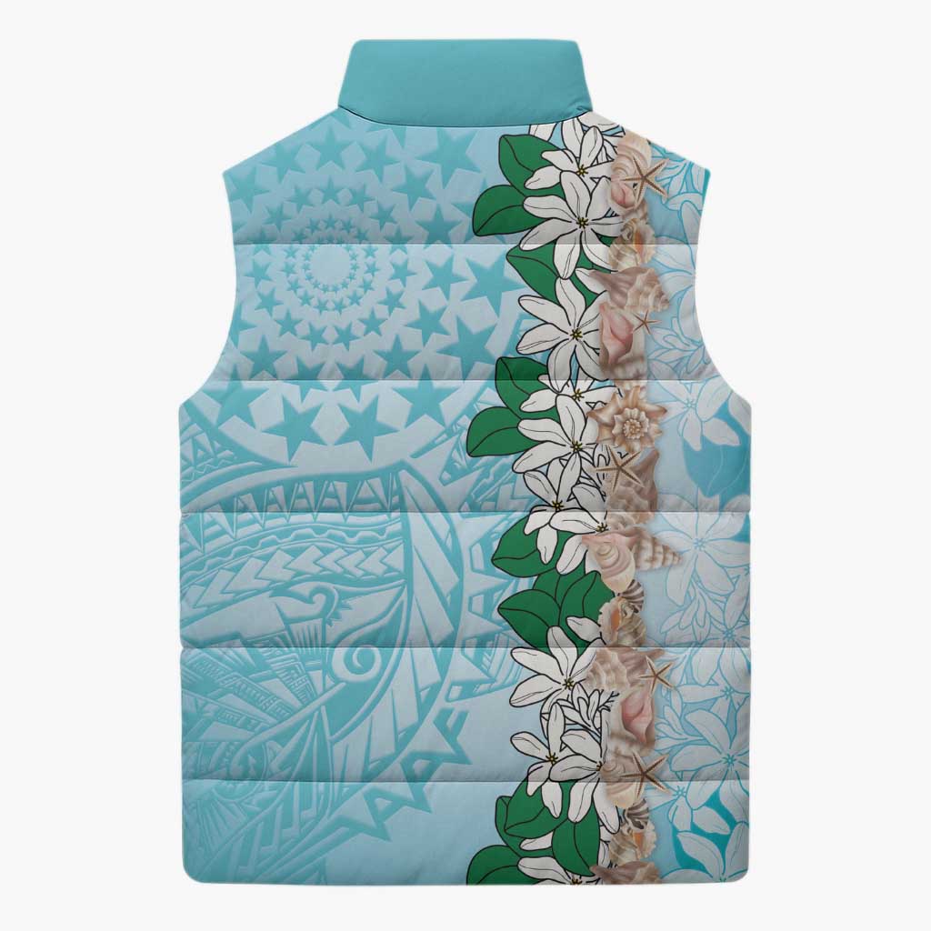 Cook Islands Tiare Maori With Conch Shell Sleeveless Puffer Jacket Pasifika Fest Polynesian Tattoo Turquoise