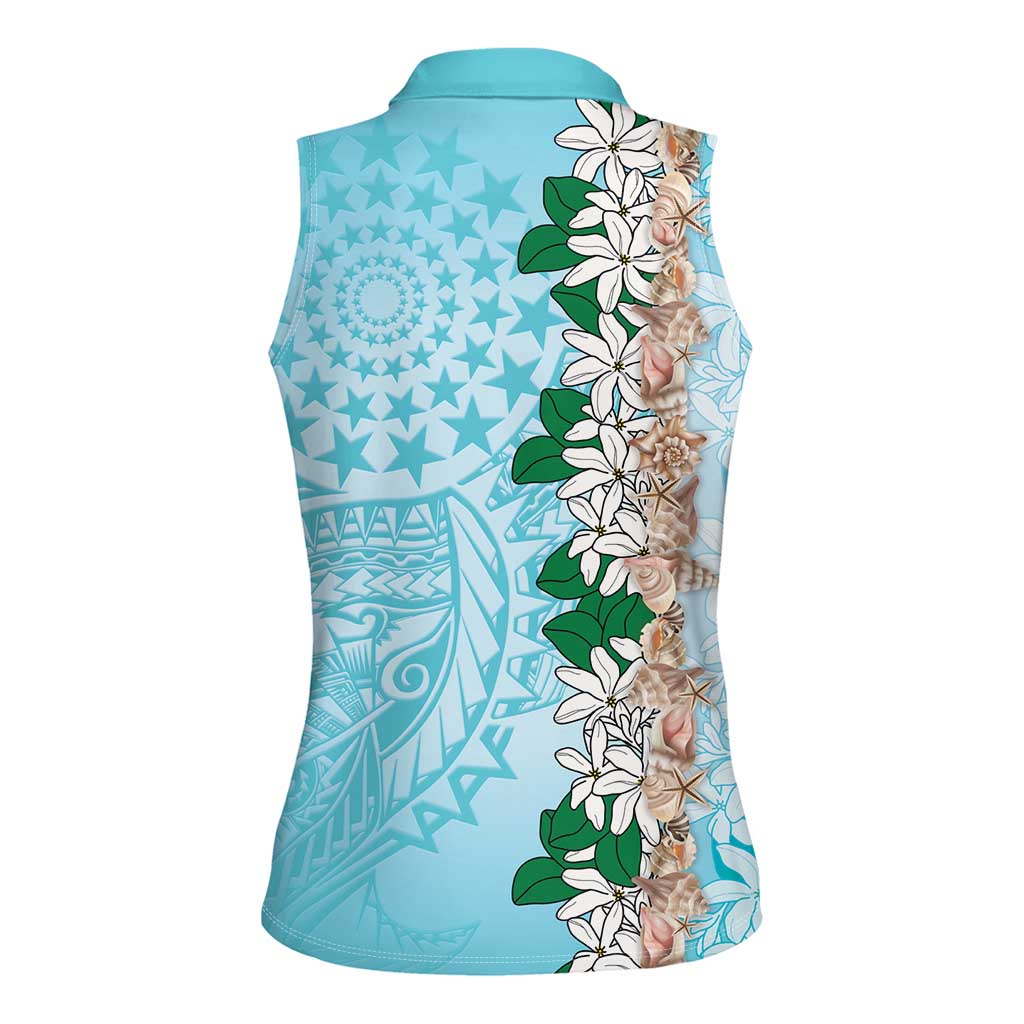 Cook Islands Tiare Maori With Conch Shell Women Sleeveless Polo Shirt Pasifika Fest Polynesian Tattoo Turquoise LT14 - Polynesian Pride
