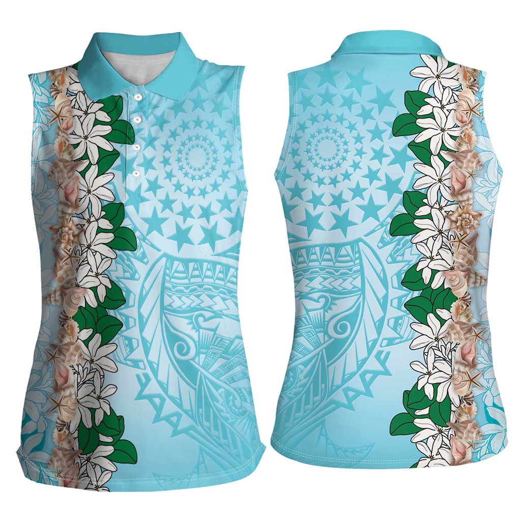 Cook Islands Tiare Maori With Conch Shell Women Sleeveless Polo Shirt Pasifika Fest Polynesian Tattoo Turquoise LT14 - Polynesian Pride