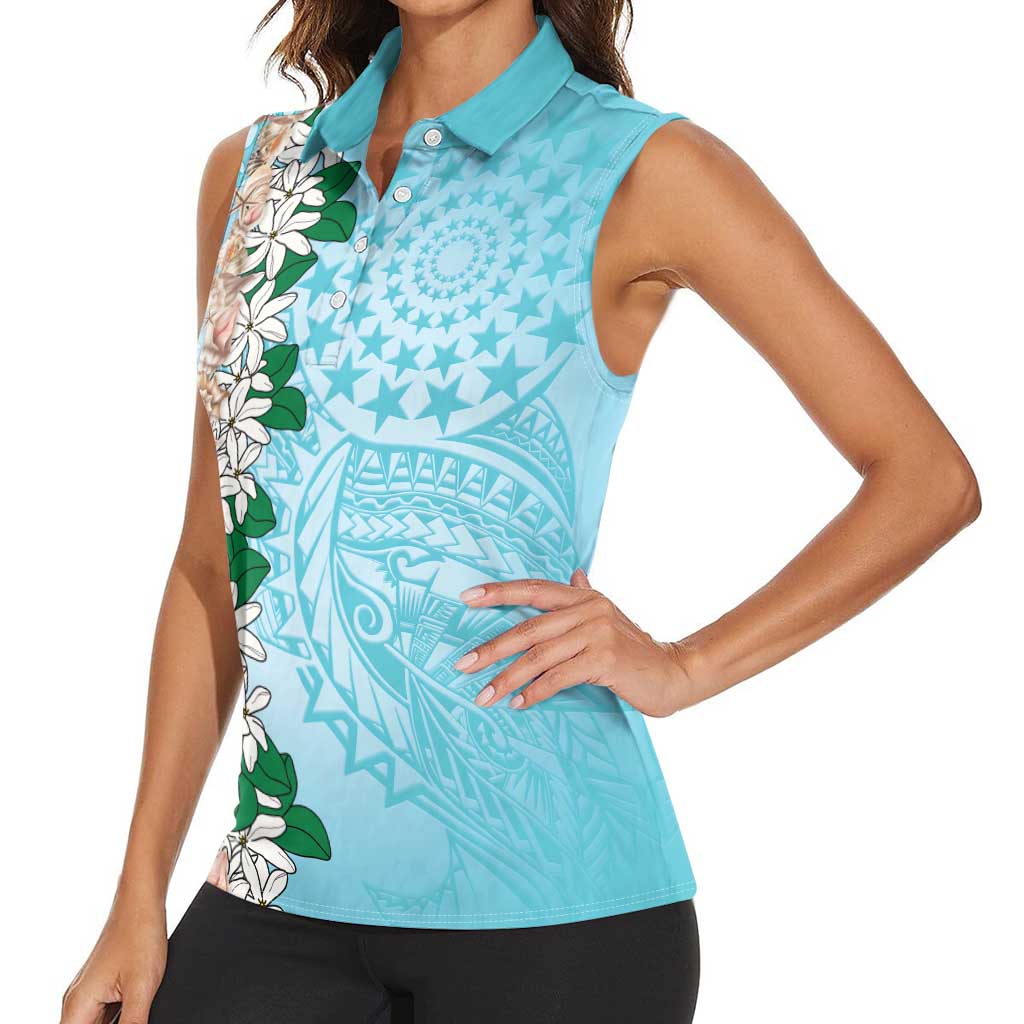 Cook Islands Tiare Maori With Conch Shell Women Sleeveless Polo Shirt Pasifika Fest Polynesian Tattoo Turquoise LT14 - Polynesian Pride