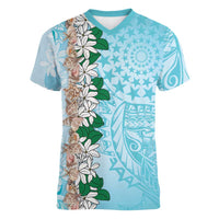 Cook Islands Tiare Maori With Conch Shell Women V-Neck T-Shirt Pasifika Fest Polynesian Tattoo Turquoise LT14 Female Turquoise - Polynesian Pride