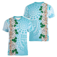 Cook Islands Tiare Maori With Conch Shell Women V-Neck T-Shirt Pasifika Fest Polynesian Tattoo Turquoise LT14 - Polynesian Pride