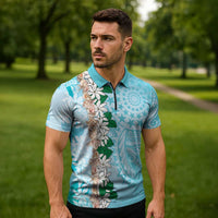 Cook Islands Tiare Maori With Conch Shell Zipper Polo Shirt Pasifika Fest Polynesian Tattoo Turquoise