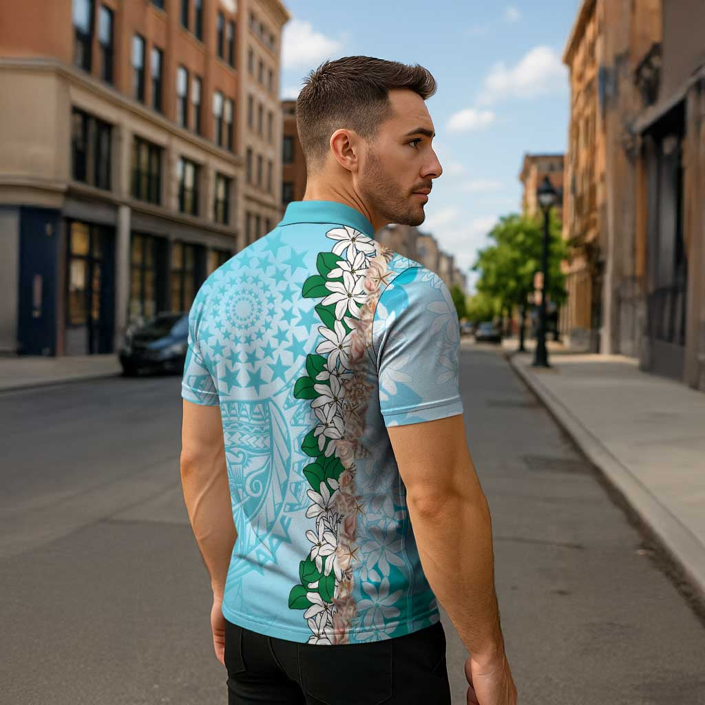 Cook Islands Tiare Maori With Conch Shell Zipper Polo Shirt Pasifika Fest Polynesian Tattoo Turquoise