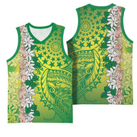 Cook Islands Tiare Maori With Conch Shell Basketball Jersey Pasifika Fest Polynesian Tattoo Green