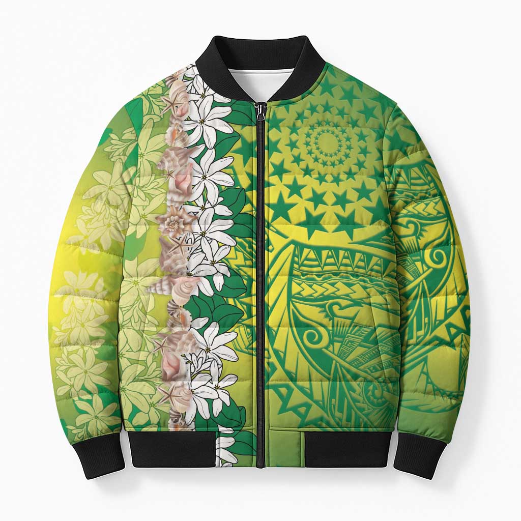 Cook Islands Tiare Maori With Conch Shell Bomber Puffer Jacket Pasifika Fest Polynesian Tattoo Green
