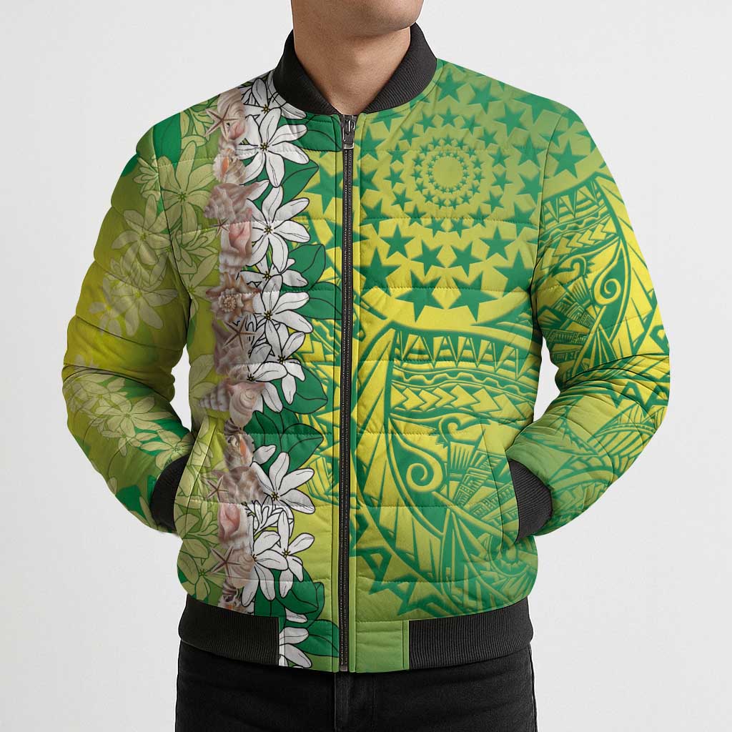 Cook Islands Tiare Maori With Conch Shell Bomber Puffer Jacket Pasifika Fest Polynesian Tattoo Green