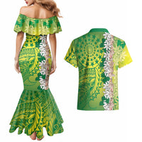 Cook Islands Tiare Maori With Conch Shell Couples Matching Mermaid Dress and Hawaiian Shirt Pasifika Fest Polynesian Tattoo Green LT14 - Polynesian Pride