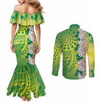 Cook Islands Tiare Maori With Conch Shell Couples Matching Mermaid Dress and Long Sleeve Button Shirt Pasifika Fest Polynesian Tattoo Green LT14 - Polynesian Pride