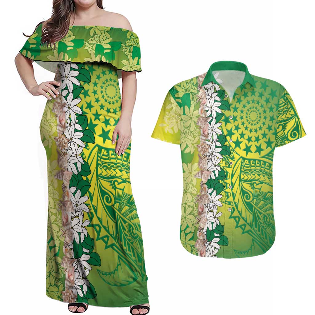 Cook Islands Tiare Maori With Conch Shell Couples Matching Off Shoulder Maxi Dress and Hawaiian Shirt Pasifika Fest Polynesian Tattoo Green LT14 Green - Polynesian Pride