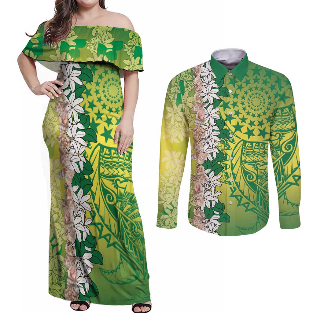 Cook Islands Tiare Maori With Conch Shell Couples Matching Off Shoulder Maxi Dress and Long Sleeve Button Shirt Pasifika Fest Polynesian Tattoo Green LT14 Green - Polynesian Pride