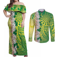 Cook Islands Tiare Maori With Conch Shell Couples Matching Off Shoulder Maxi Dress and Long Sleeve Button Shirt Pasifika Fest Polynesian Tattoo Green LT14 Green - Polynesian Pride