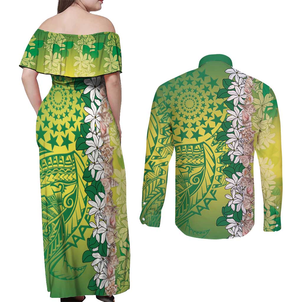 Cook Islands Tiare Maori With Conch Shell Couples Matching Off Shoulder Maxi Dress and Long Sleeve Button Shirt Pasifika Fest Polynesian Tattoo Green LT14 - Polynesian Pride