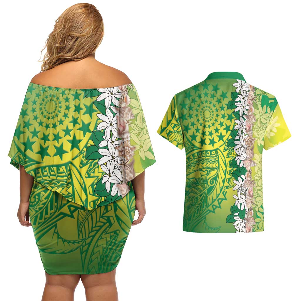 Cook Islands Tiare Maori With Conch Shell Couples Matching Off Shoulder Short Dress and Hawaiian Shirt Pasifika Fest Polynesian Tattoo Green LT14 - Polynesian Pride