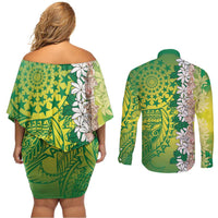 Cook Islands Tiare Maori With Conch Shell Couples Matching Off Shoulder Short Dress and Long Sleeve Button Shirt Pasifika Fest Polynesian Tattoo Green LT14 - Polynesian Pride