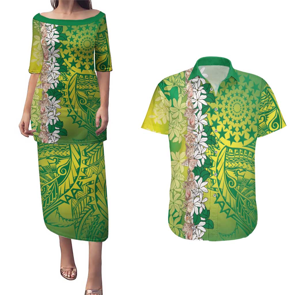 Cook Islands Tiare Maori With Conch Shell Couples Matching Puletasi and Hawaiian Shirt Pasifika Fest Polynesian Tattoo Green LT14 Green - Polynesian Pride