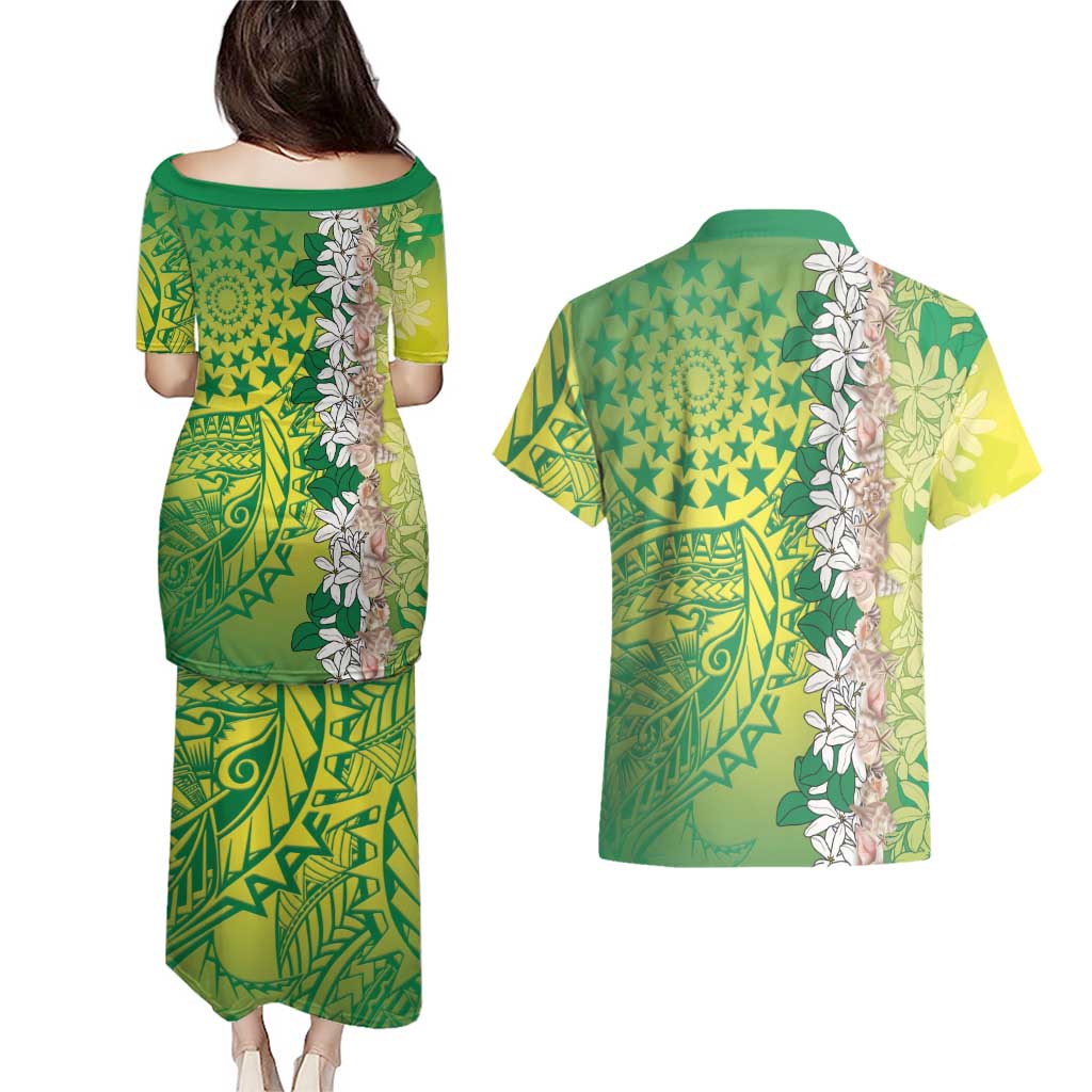 Cook Islands Tiare Maori With Conch Shell Couples Matching Puletasi and Hawaiian Shirt Pasifika Fest Polynesian Tattoo Green LT14 - Polynesian Pride