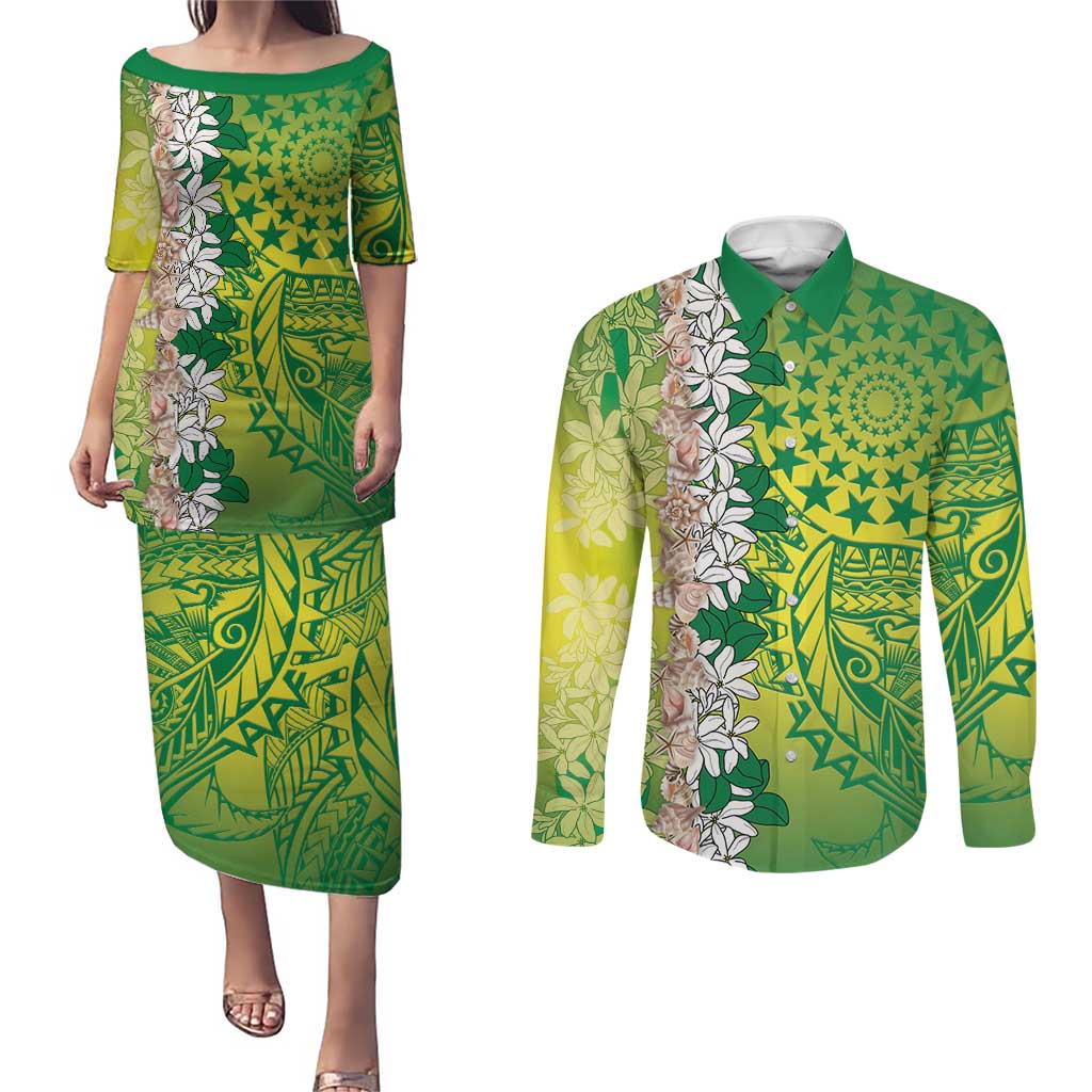 Cook Islands Tiare Maori With Conch Shell Couples Matching Puletasi and Long Sleeve Button Shirt Pasifika Fest Polynesian Tattoo Green LT14 Green - Polynesian Pride