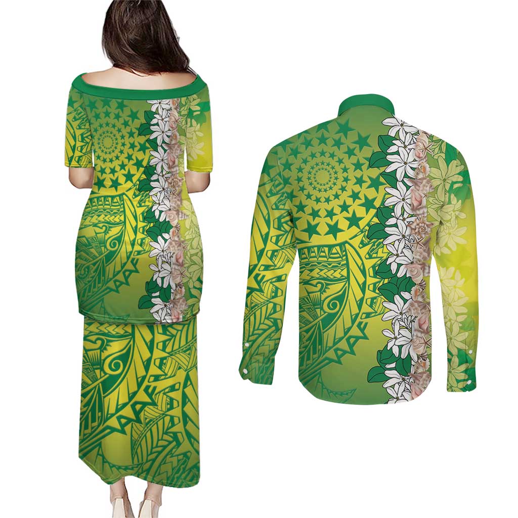 Cook Islands Tiare Maori With Conch Shell Couples Matching Puletasi and Long Sleeve Button Shirt Pasifika Fest Polynesian Tattoo Green LT14 - Polynesian Pride