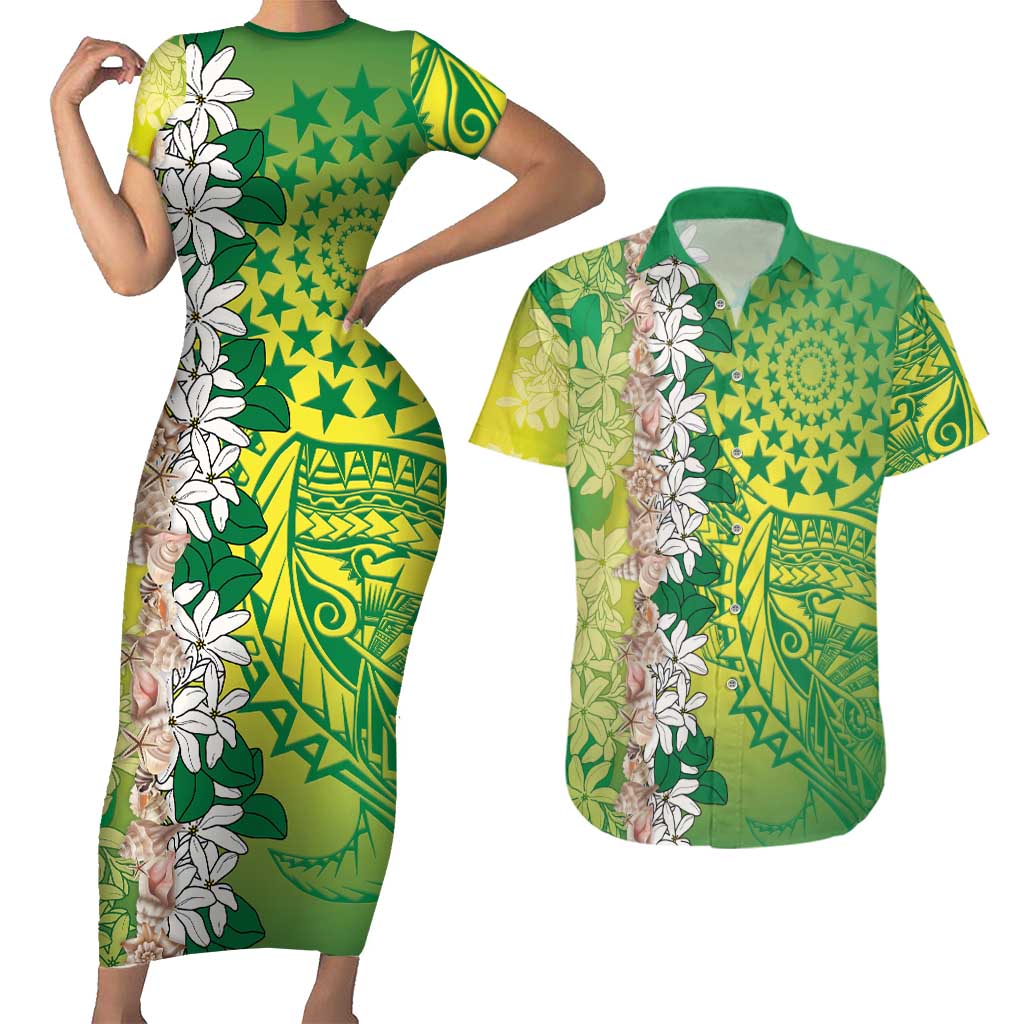Cook Islands Tiare Maori With Conch Shell Couples Matching Short Sleeve Bodycon Dress and Hawaiian Shirt Pasifika Fest Polynesian Tattoo Green LT14 Green - Polynesian Pride