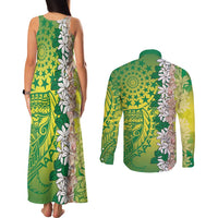 Cook Islands Tiare Maori With Conch Shell Couples Matching Tank Maxi Dress and Long Sleeve Button Shirt Pasifika Fest Polynesian Tattoo Green LT14 - Polynesian Pride
