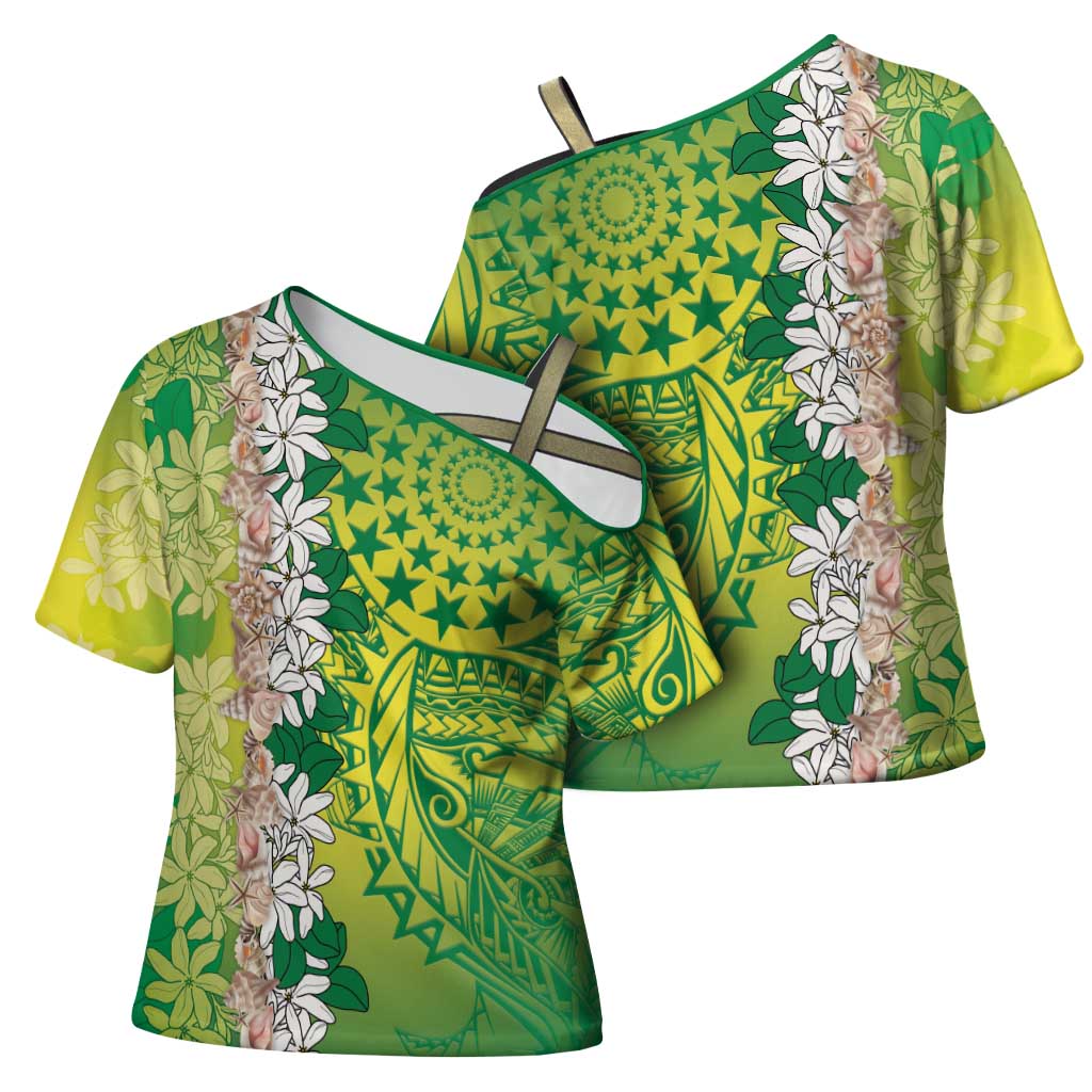 Cook Islands Tiare Maori With Conch Shell Cross Shoulder Shirt Pasifika Fest Polynesian Tattoo Green