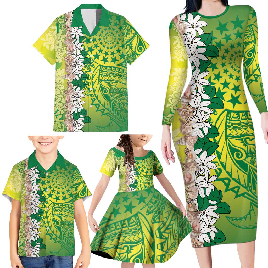 Cook Islands Tiare Maori With Conch Shell Family Matching Long Sleeve Bodycon Dress and Hawaiian Shirt Pasifika Fest Polynesian Tattoo Green