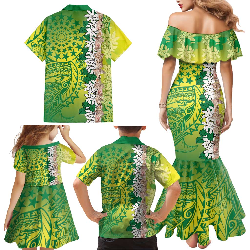 Cook Islands Tiare Maori With Conch Shell Family Matching Mermaid Dress and Hawaiian Shirt Pasifika Fest Polynesian Tattoo Green LT14 - Polynesian Pride
