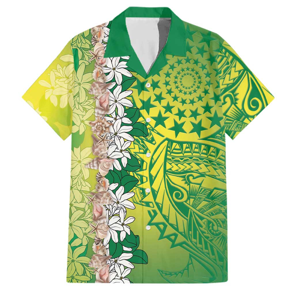 Cook Islands Tiare Maori With Conch Shell Family Matching Off Shoulder Maxi Dress and Hawaiian Shirt Pasifika Fest Polynesian Tattoo Green LT14 Dad's Shirt - Short Sleeve Green - Polynesian Pride