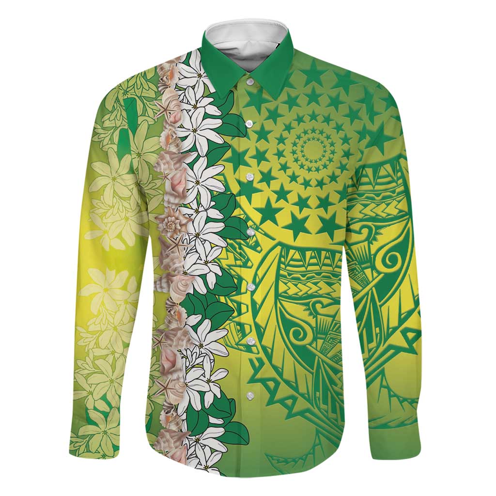 Cook Islands Tiare Maori With Conch Shell Family Matching Off Shoulder Short Dress and Hawaiian Shirt Pasifika Fest Polynesian Tattoo Green LT14 Dad's Shirt - Long Sleeve Green - Polynesian Pride