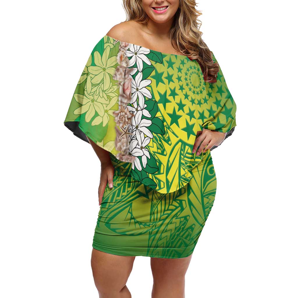 Cook Islands Tiare Maori With Conch Shell Family Matching Off Shoulder Short Dress and Hawaiian Shirt Pasifika Fest Polynesian Tattoo Green LT14 Mom's Dress Green - Polynesian Pride