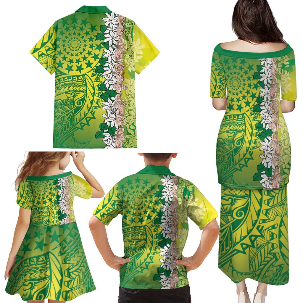 Cook Islands Tiare Maori With Conch Shell Family Matching Puletasi and Hawaiian Shirt Pasifika Fest Polynesian Tattoo Green LT14 - Polynesian Pride