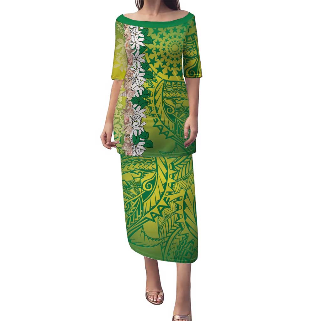 Cook Islands Tiare Maori With Conch Shell Family Matching Puletasi and Hawaiian Shirt Pasifika Fest Polynesian Tattoo Green LT14 Mom's Dress Green - Polynesian Pride