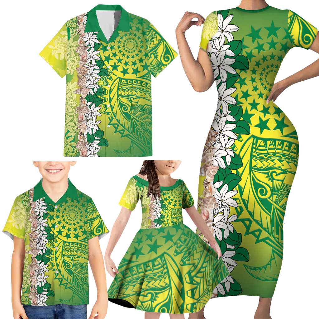 Cook Islands Tiare Maori With Conch Shell Family Matching Short Sleeve Bodycon Dress and Hawaiian Shirt Pasifika Fest Polynesian Tattoo Green