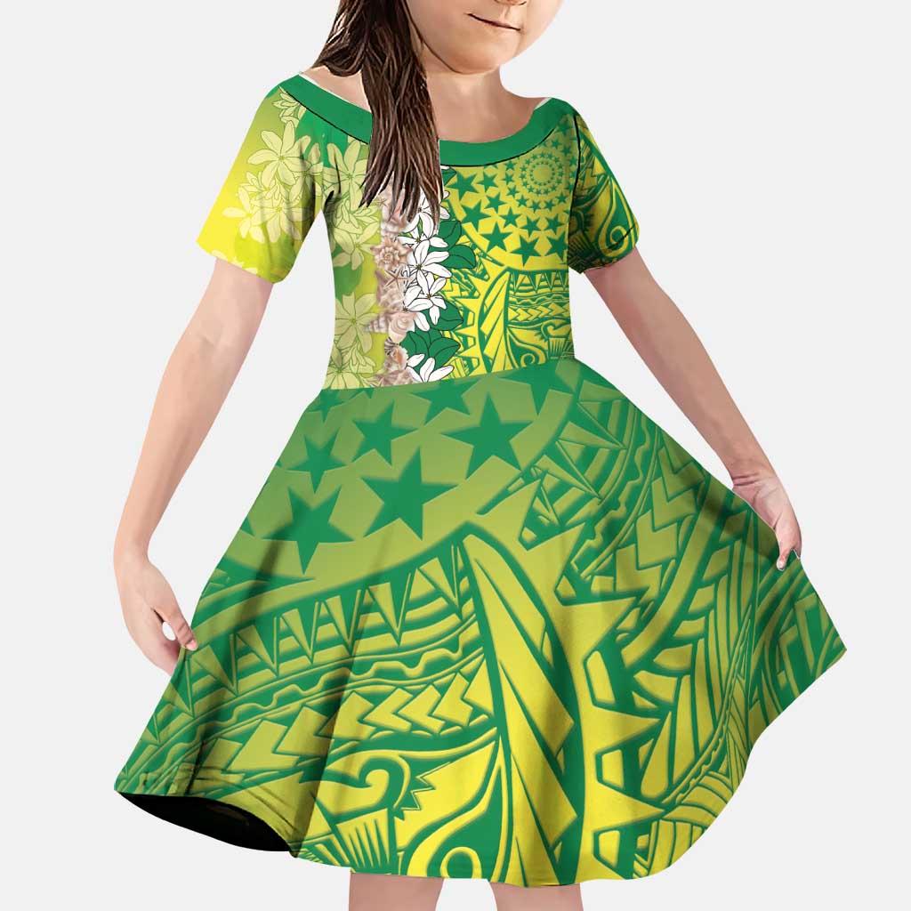 Cook Islands Tiare Maori With Conch Shell Family Matching Tank Maxi Dress and Hawaiian Shirt Pasifika Fest Polynesian Tattoo Green LT14 Daughter's Dress Green - Polynesian Pride
