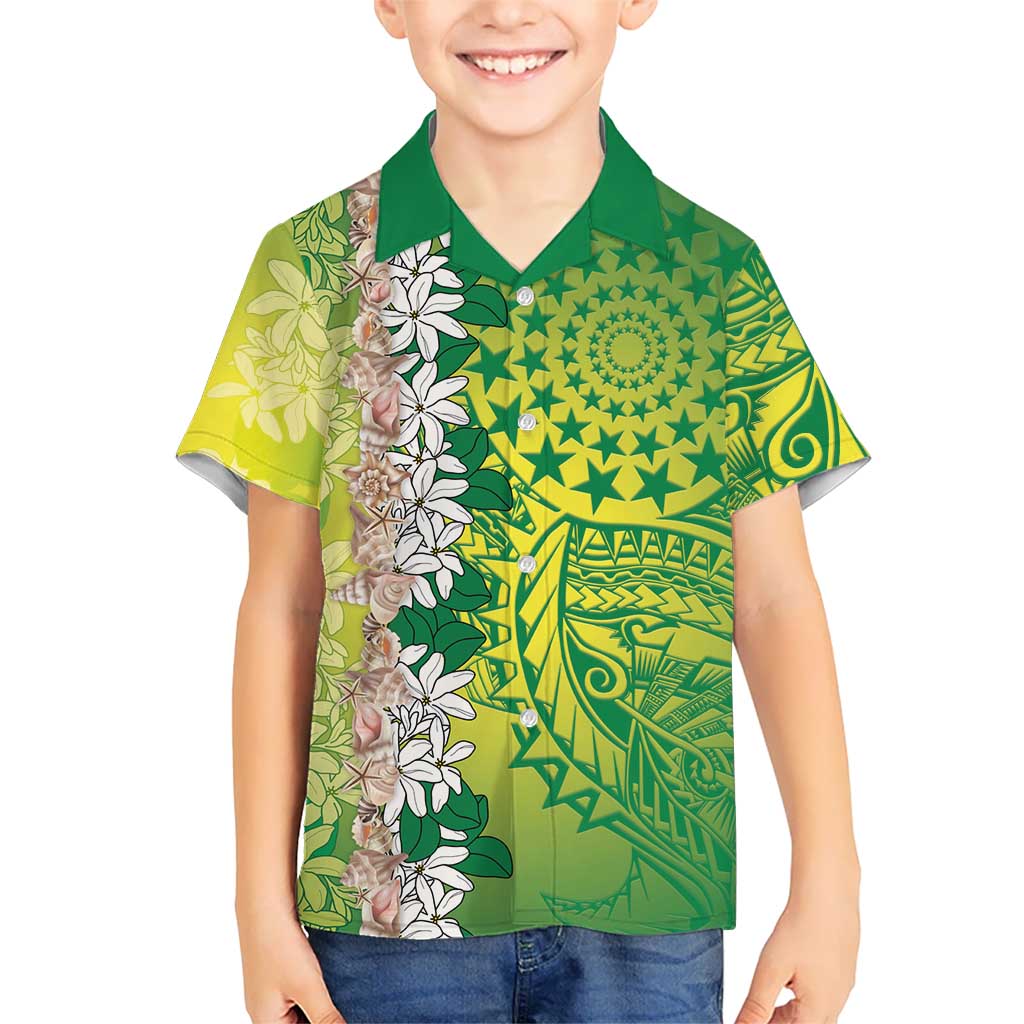 Cook Islands Tiare Maori With Conch Shell Kid Hawaiian Shirt Pasifika Fest Polynesian Tattoo Green LT14 Kid Green - Polynesian Pride