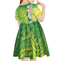 Cook Islands Tiare Maori With Conch Shell Kid Short Sleeve Dress Pasifika Fest Polynesian Tattoo Green