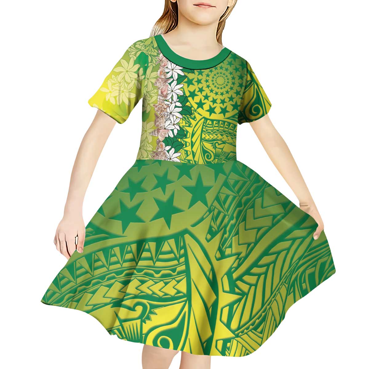 Cook Islands Tiare Maori With Conch Shell Kid Short Sleeve Dress Pasifika Fest Polynesian Tattoo Green