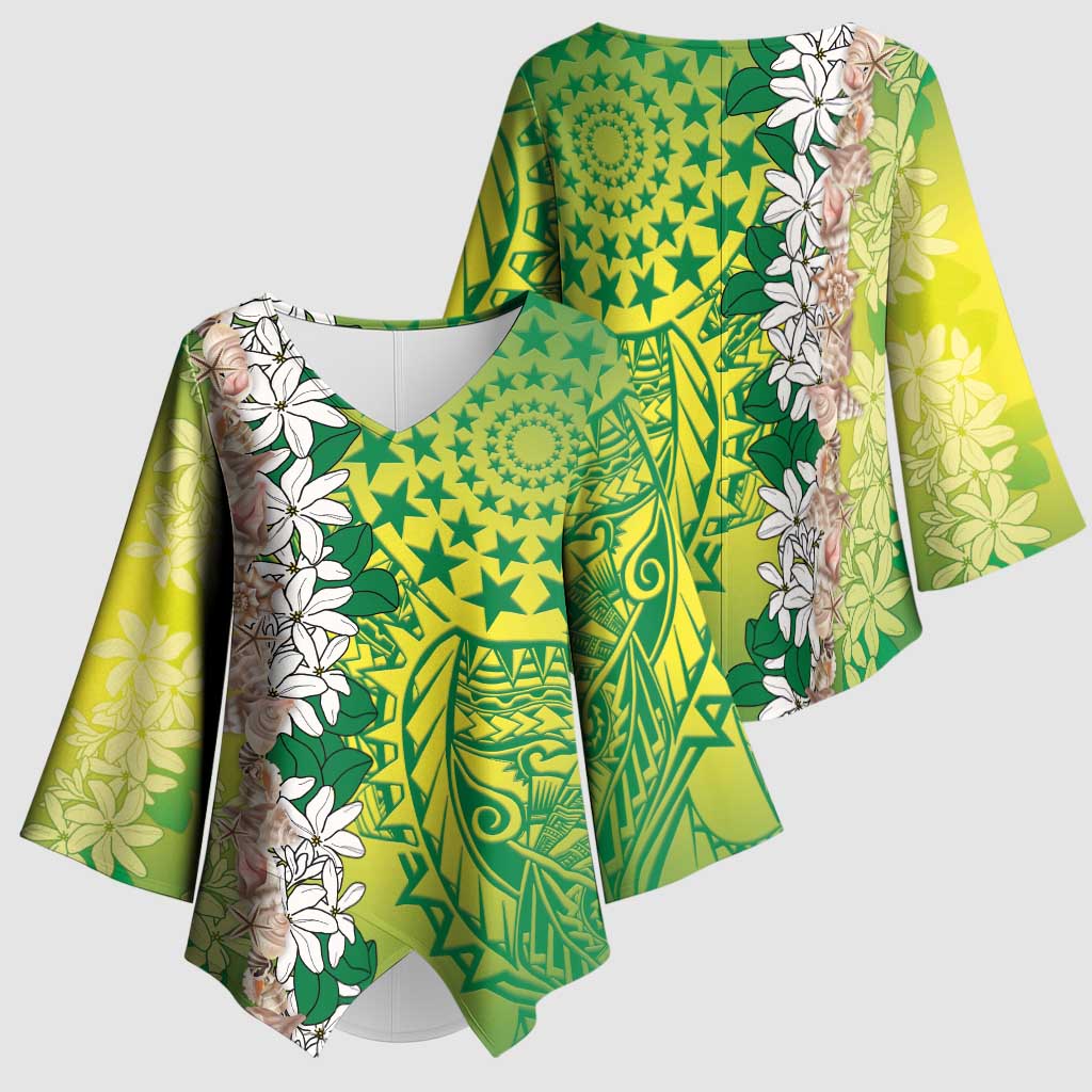 Cook Islands Tiare Maori With Conch Shell Kimono Sleeve Blouse Pasifika Fest Polynesian Tattoo Green