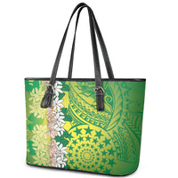 Cook Islands Tiare Maori With Conch Shell Leather Tote Bag Pasifika Fest Polynesian Tattoo Green