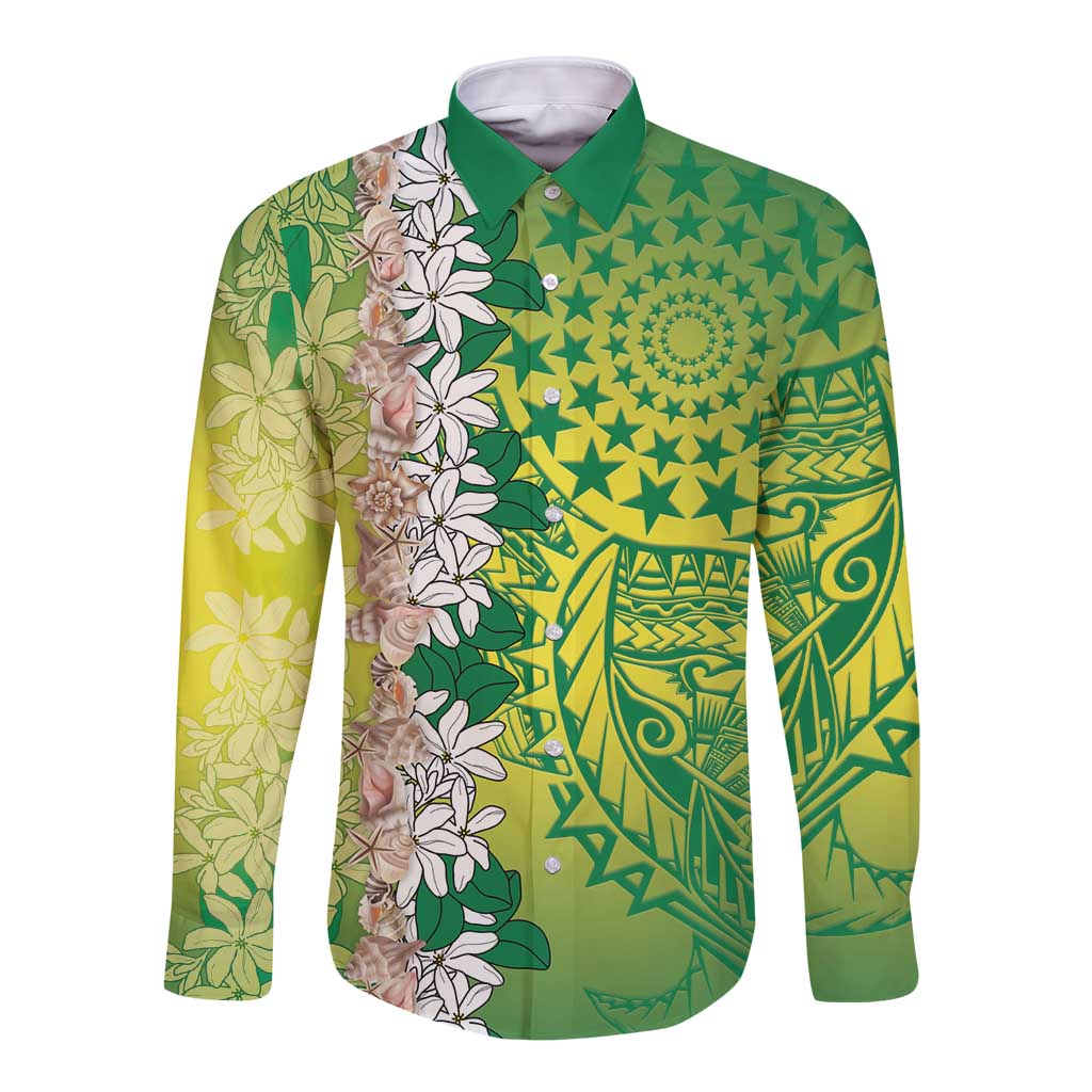 Cook Islands Tiare Maori With Conch Shell Long Sleeve Button Shirt Pasifika Fest Polynesian Tattoo Green