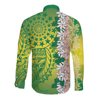 Cook Islands Tiare Maori With Conch Shell Long Sleeve Button Shirt Pasifika Fest Polynesian Tattoo Green