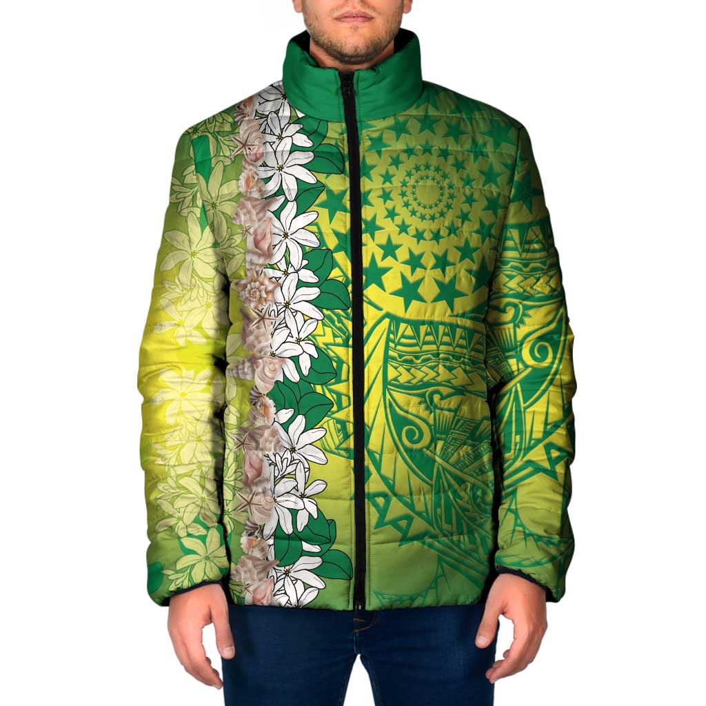 Cook Islands Tiare Maori With Conch Shell Padded Jacket Pasifika Fest Polynesian Tattoo Green LT14 Men Green - Polynesian Pride