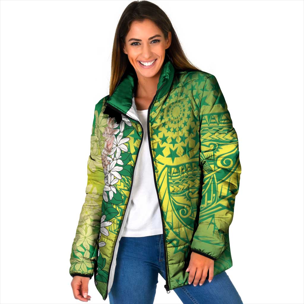 Cook Islands Tiare Maori With Conch Shell Padded Jacket Pasifika Fest Polynesian Tattoo Green LT14 Women Green - Polynesian Pride