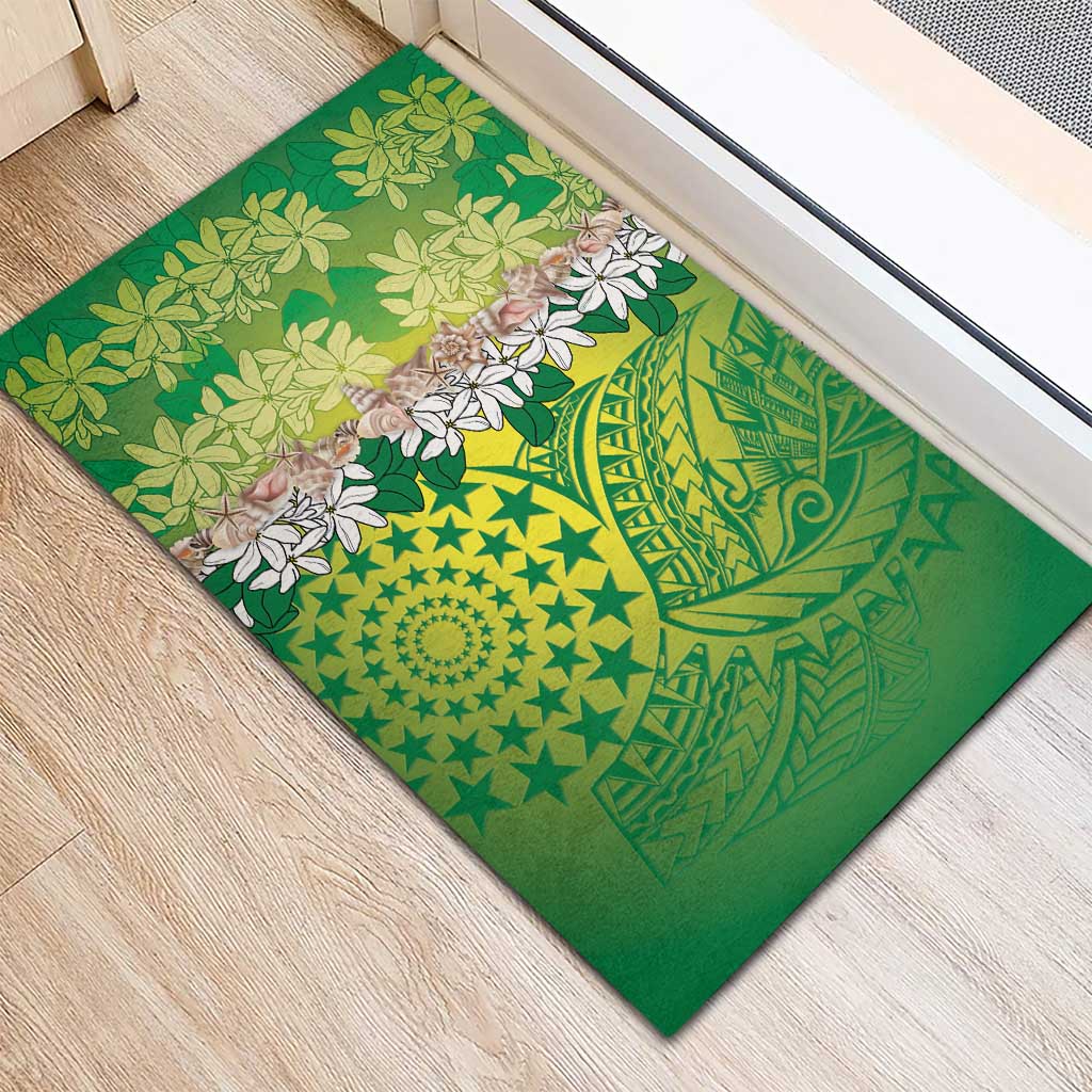 Cook Islands Tiare Maori With Conch Shell Rubber Doormat Pasifika Fest Polynesian Tattoo Green