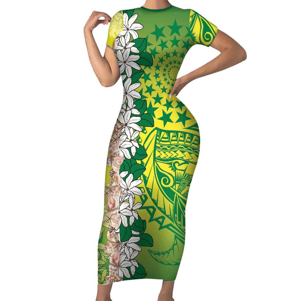 Cook Islands Tiare Maori With Conch Shell Short Sleeve Bodycon Dress Pasifika Fest Polynesian Tattoo Green LT14 Long Dress Green - Polynesian Pride